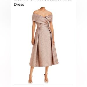 TERI JON BY RICKIE FREEMAN Metallic Off-the-Shoulder Midi Dress Sz 14
